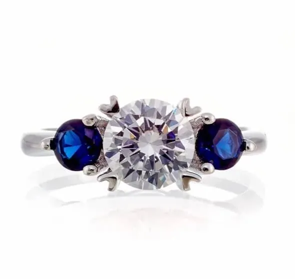 Round and Sapphire Blue Accent Cubic Zirconia Engagement Ring - White Gold Plated Sterling Silver