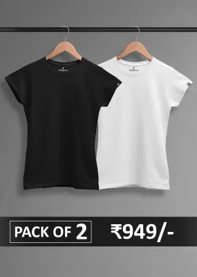 Solid Half Sleeve T-Shirt Women Combo Black & White- Basics