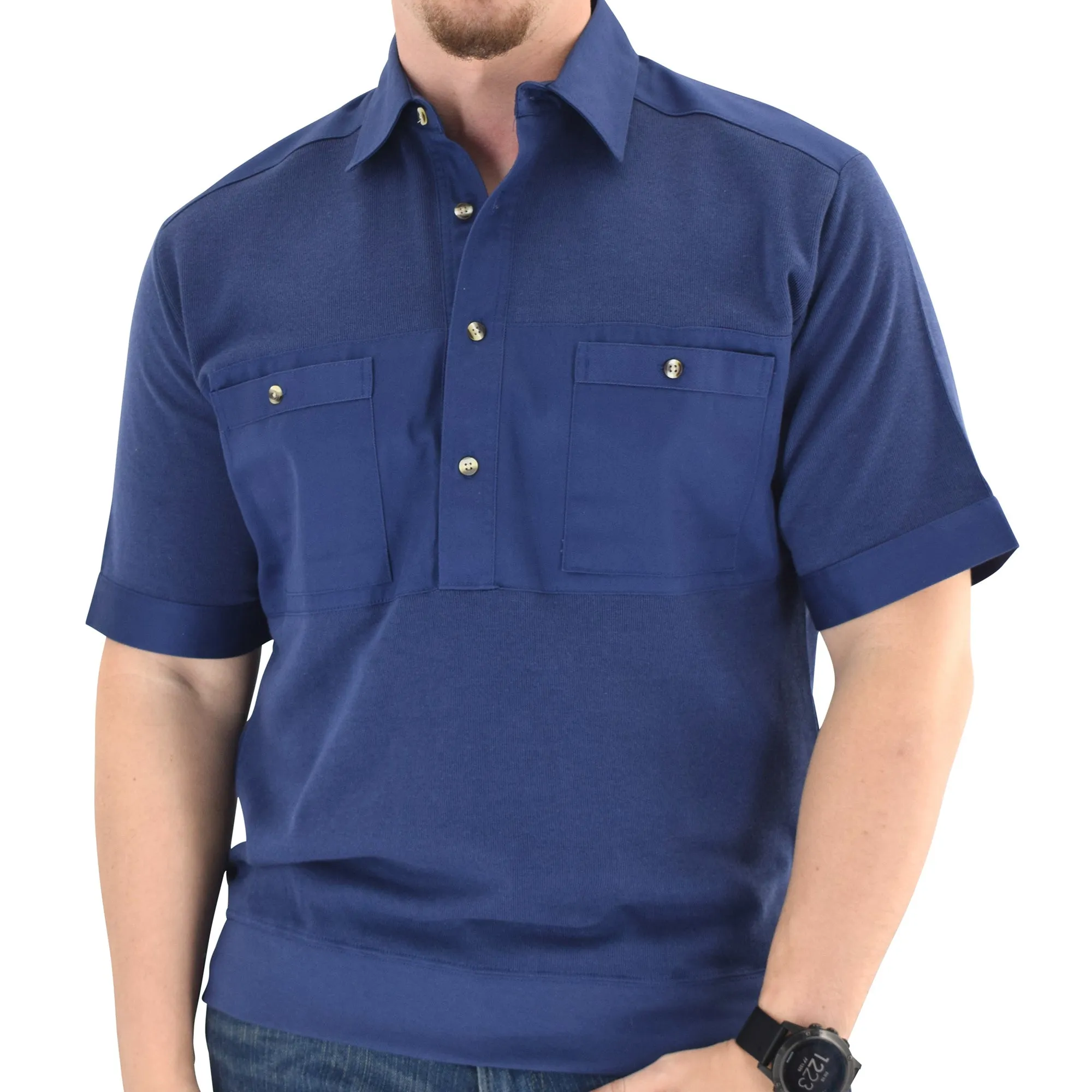 Solid Knit Banded Bottom Shirt with Woven Chest Panel 6041-22N - Navy