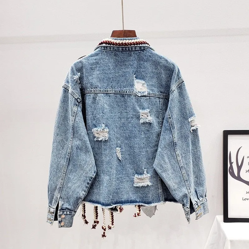 Spring Women Streetwear Patch Denim bomber Jacket Female Personality Short Diamonds Jacket Tassel Jean Coat