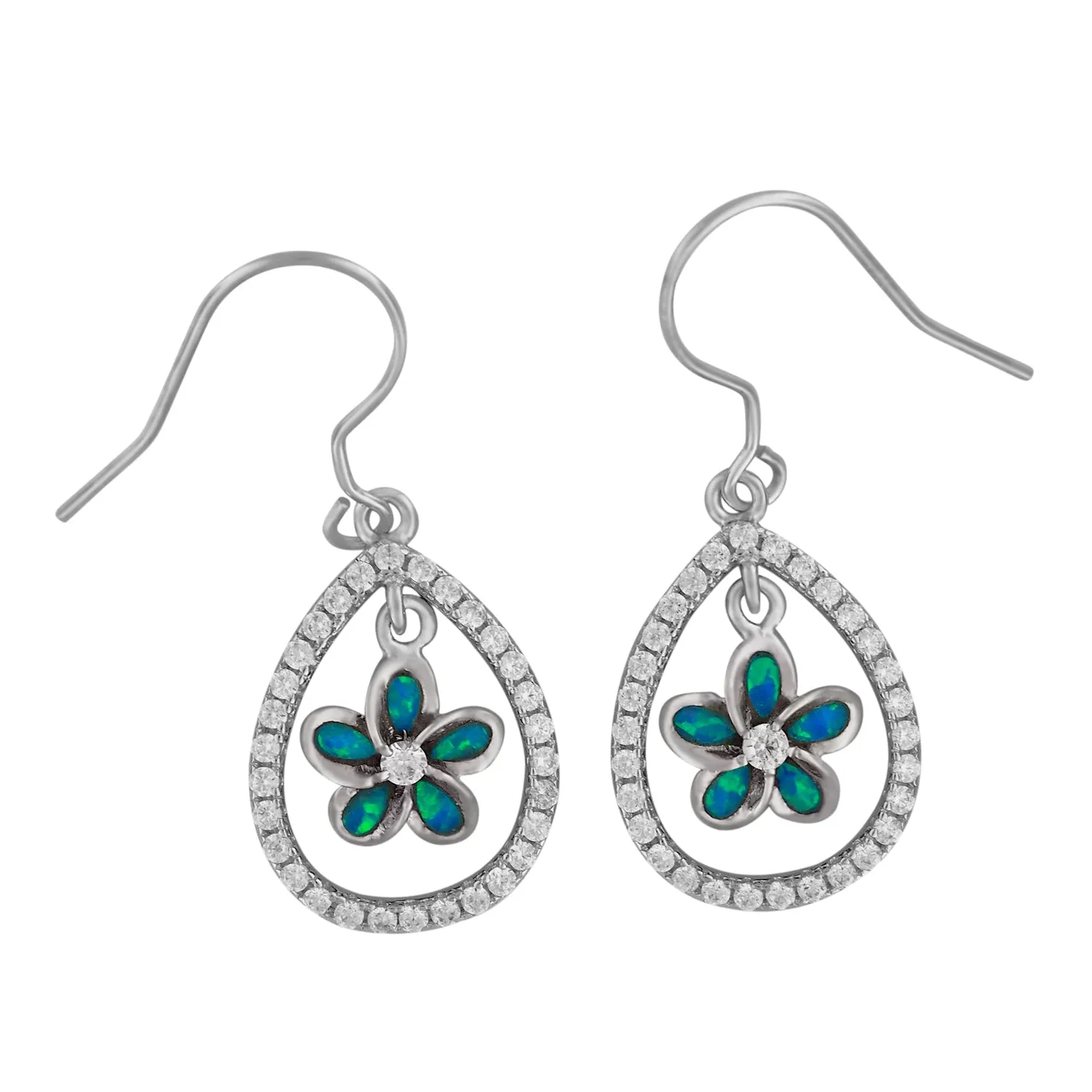 Sterling Silver Synthetic Blue Opal Teardrop Plumeria Dangle Earrings