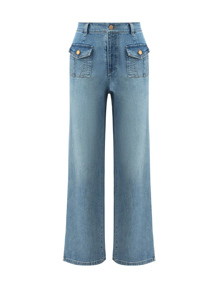 Straight Slit Women Jeans With Patch Pockets