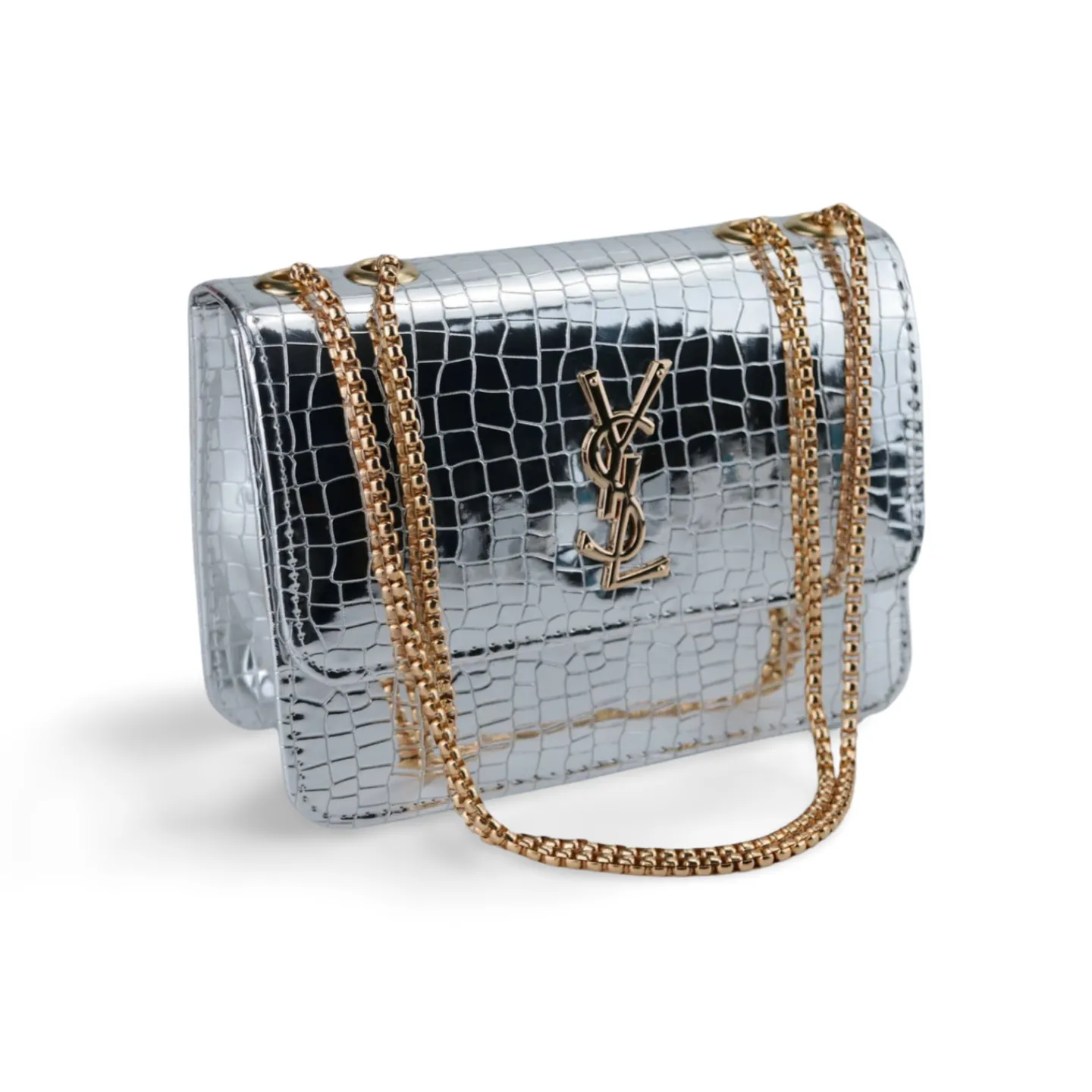 Stylish Metallic Croc Skin Crossbody Purse with Gold Chain