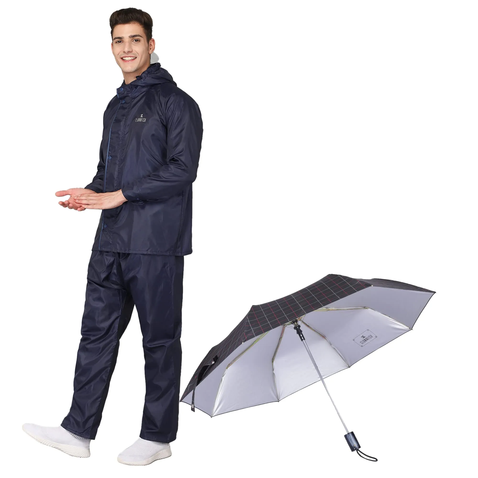 THE CLOWNFISH Combo Of Rain Coat for Men Waterproof Polyester (Blue 2XL) Umbrella 3 Fold Waterproof Pongee (Checks Design- Dark Pink)