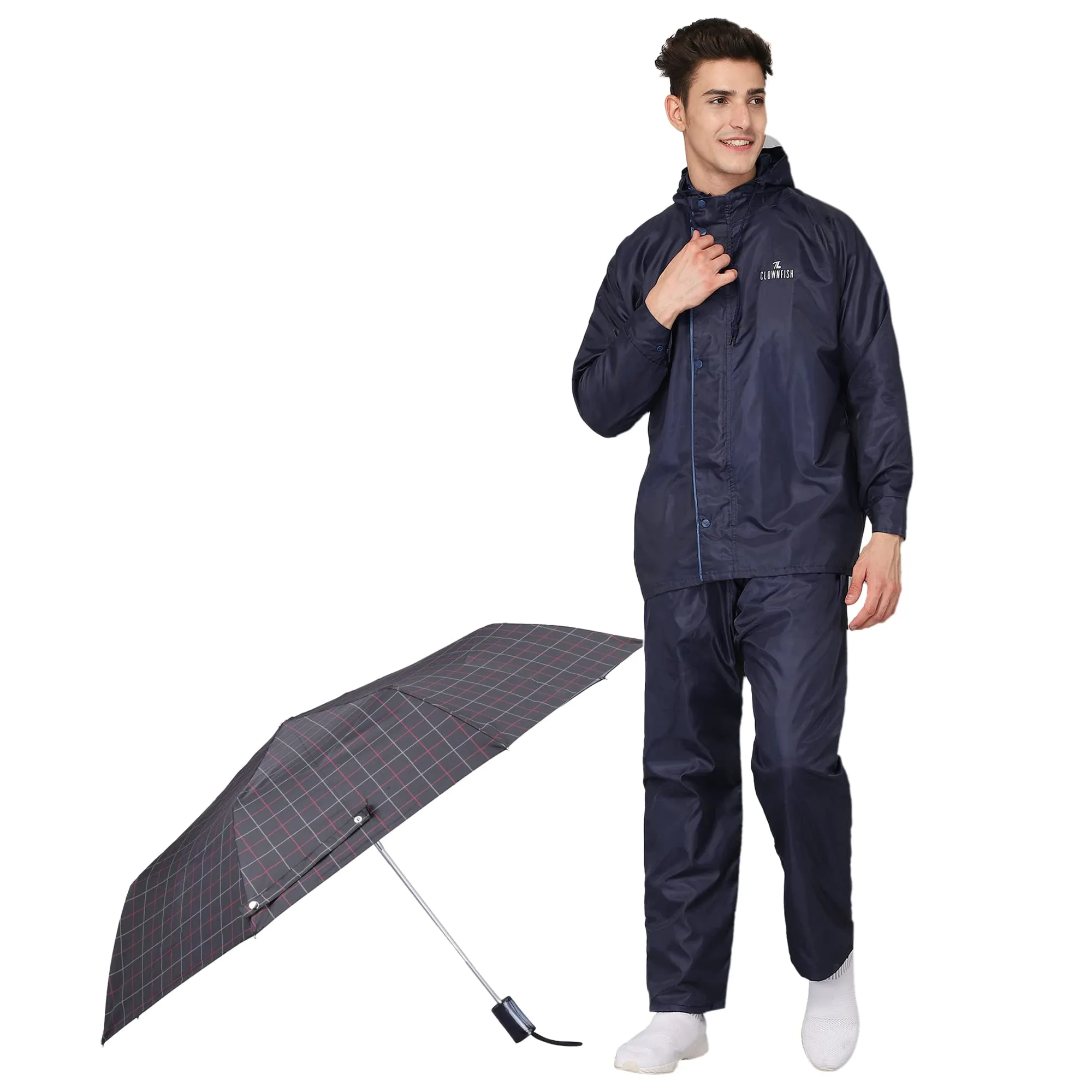 THE CLOWNFISH Combo Of Rain Coat for Men Waterproof Polyester (Blue 2XL) Umbrella 3 Fold Waterproof Pongee (Checks Design- Dark Pink)