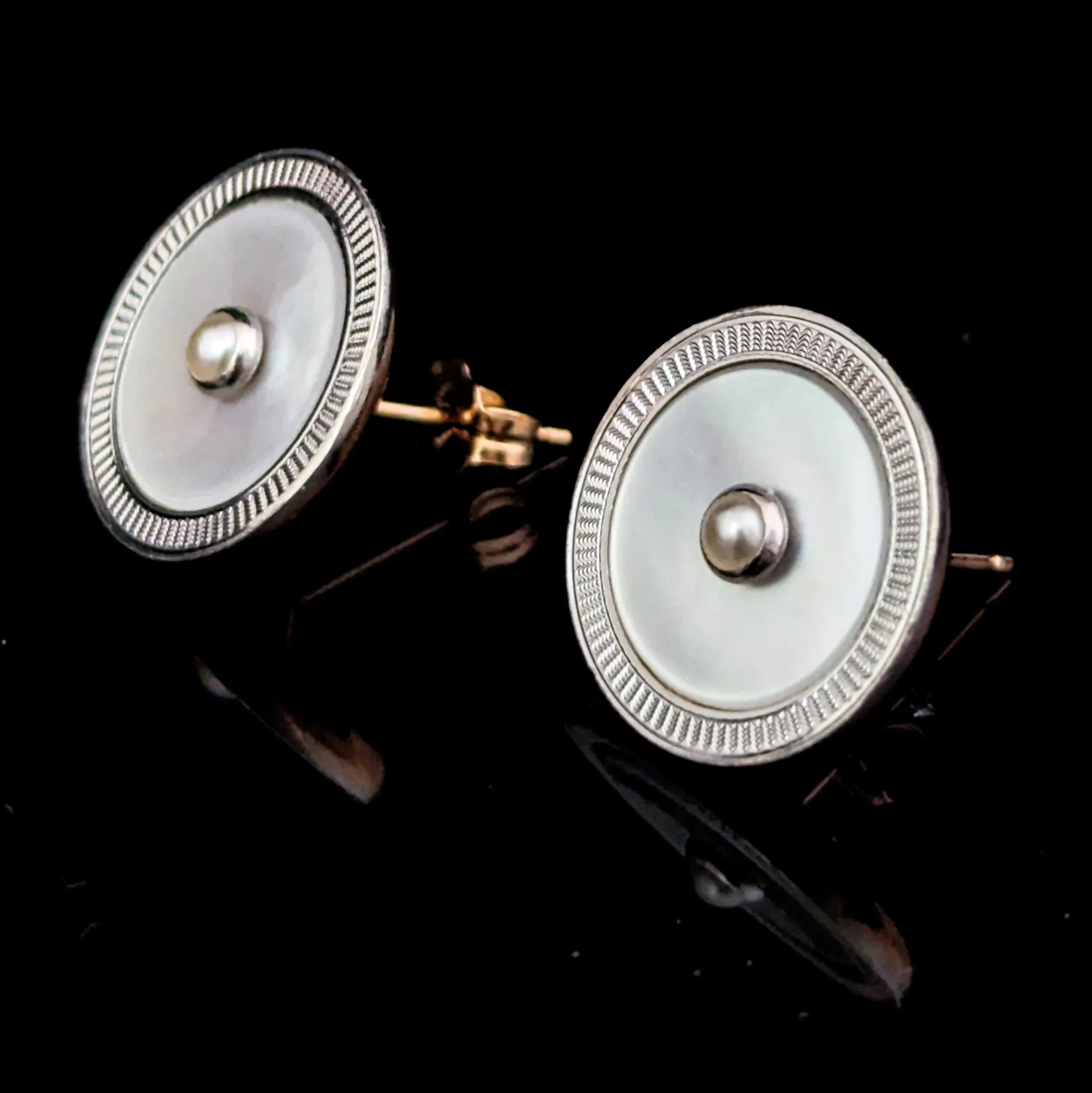 The Sequim - Vintage Cufflink Earrings Pearls MOP 14k Gold Art Deco