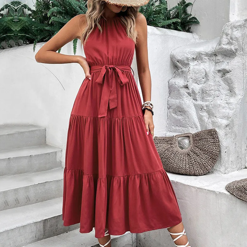 Tie Belt Tiered Midi Dress