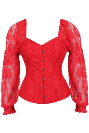 Top Drawer Red w/Red Lace Steel Boned Long Sleeve Corset