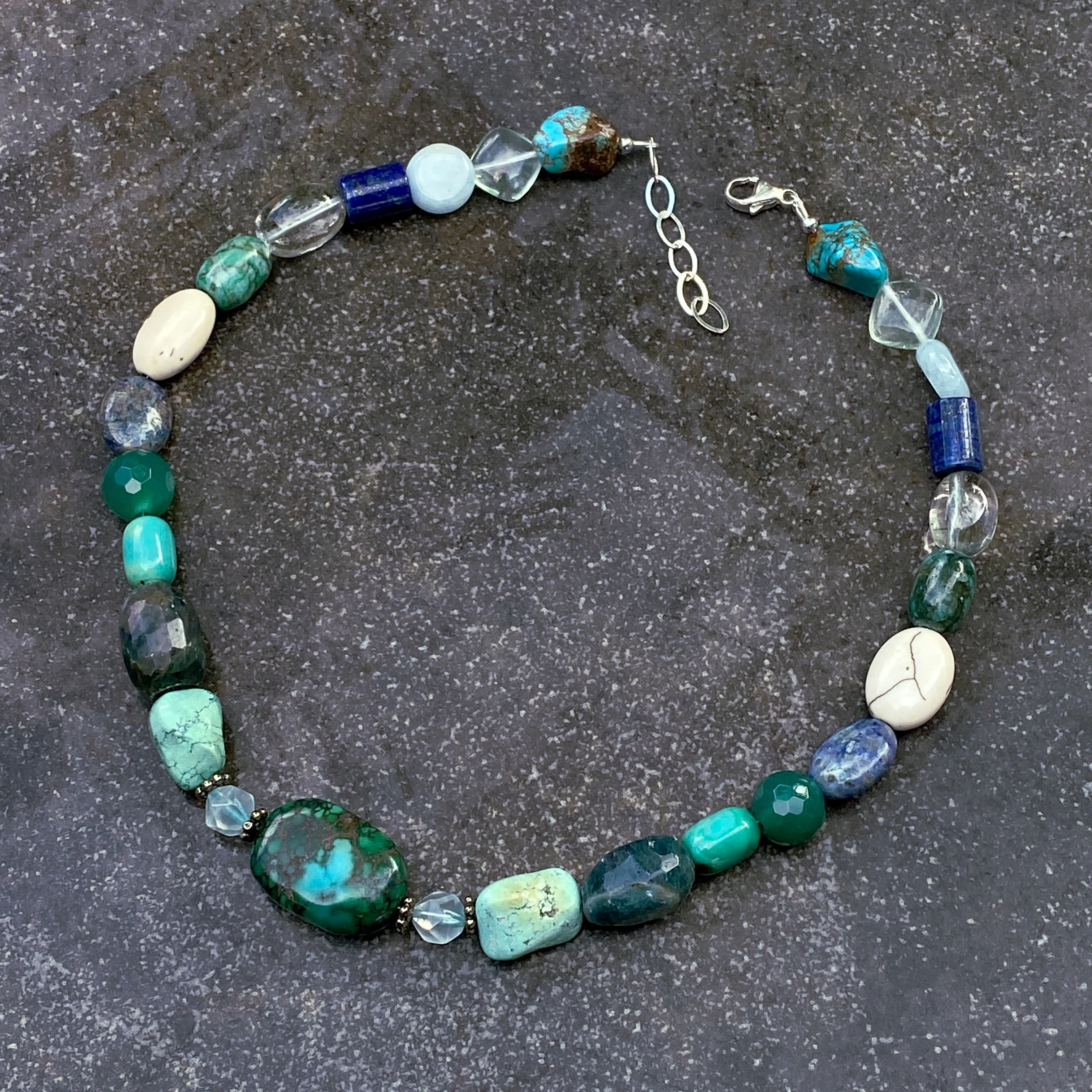 Turquoise, Topaz, Aquamarine, Flourite Gemstone chunky beaded Necklace