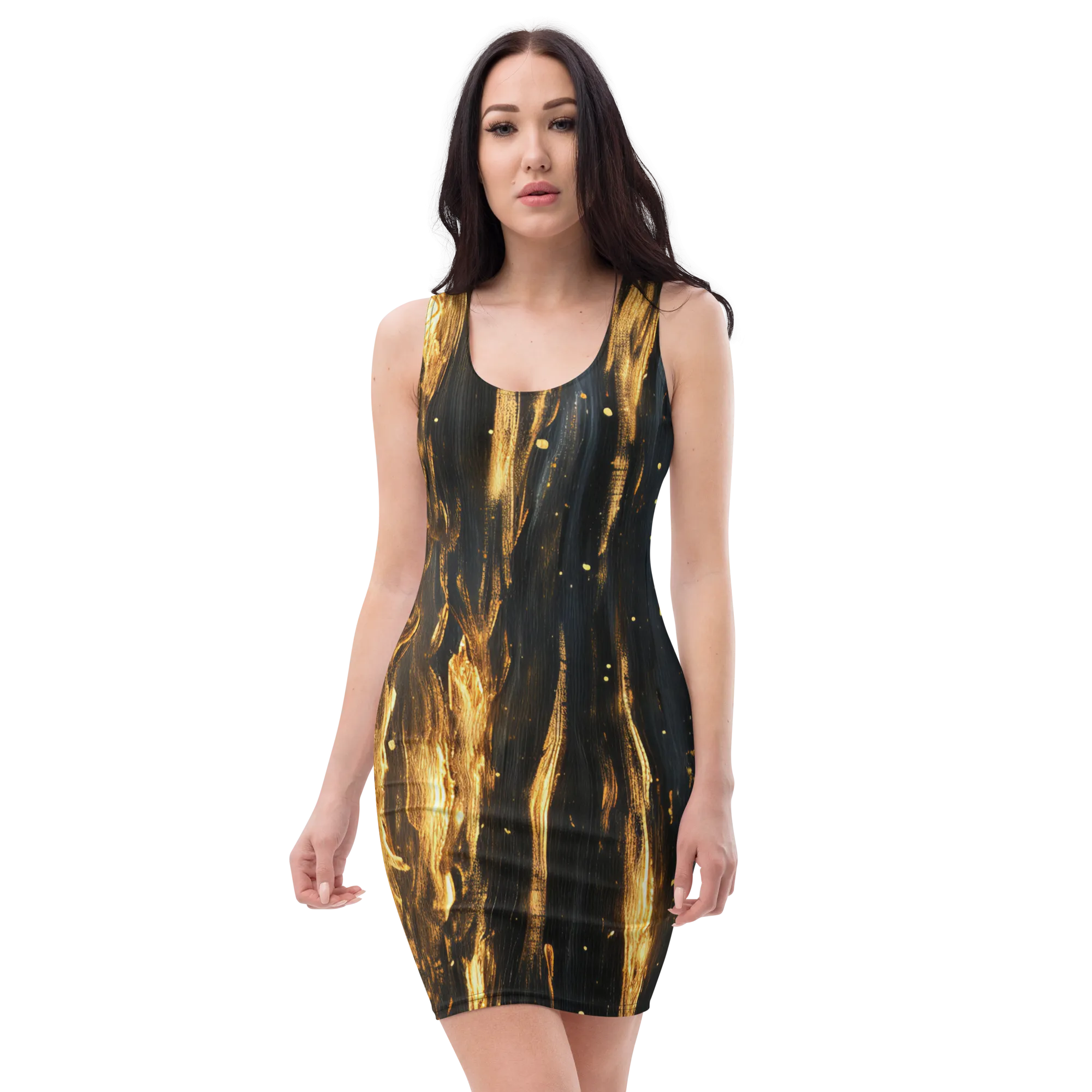 Unleash Your Inner Hero: The Flickering Gold Flame Bodycon Dress