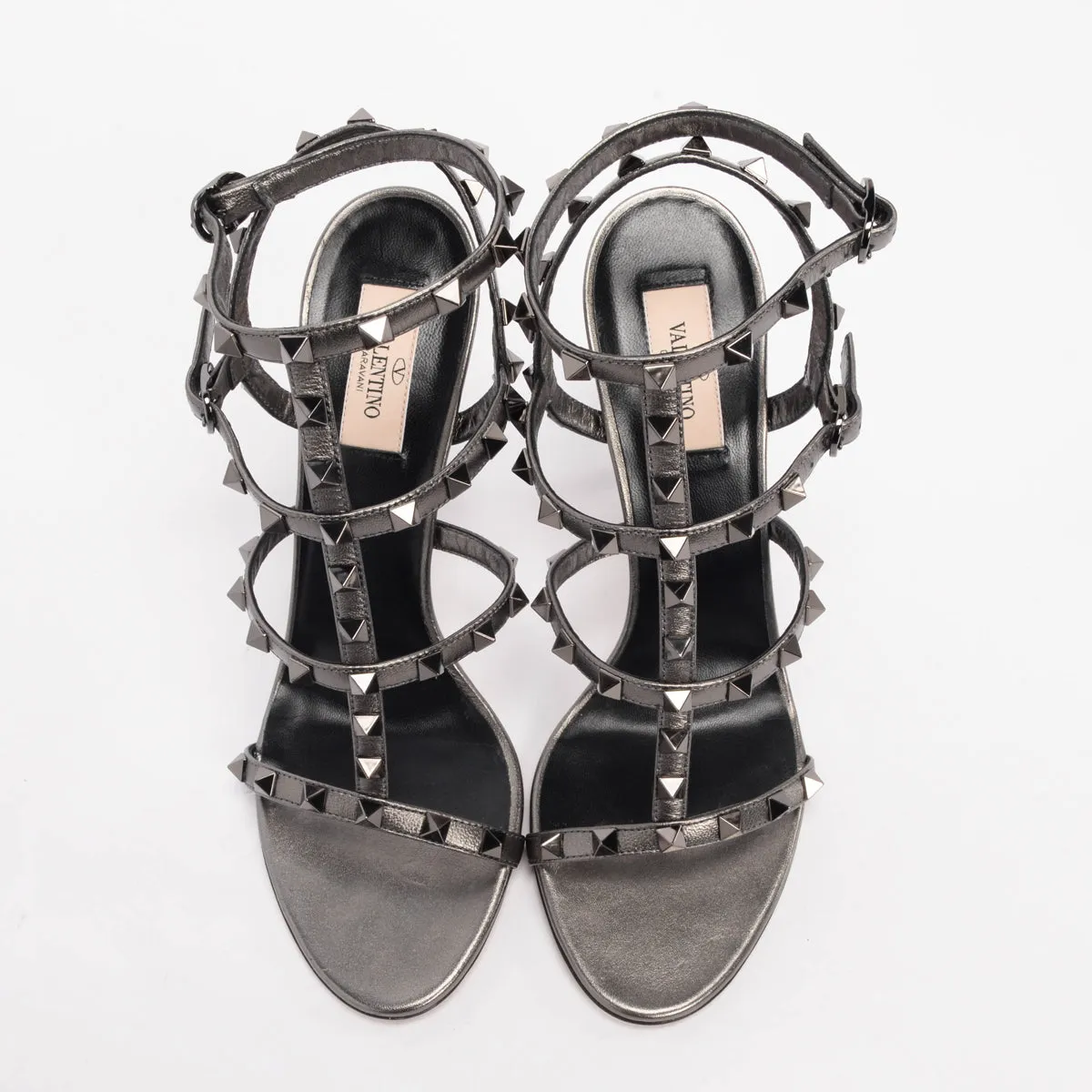 Valentino Gunmetal Metallic Leather Rockstud Cage Sandals 39.5