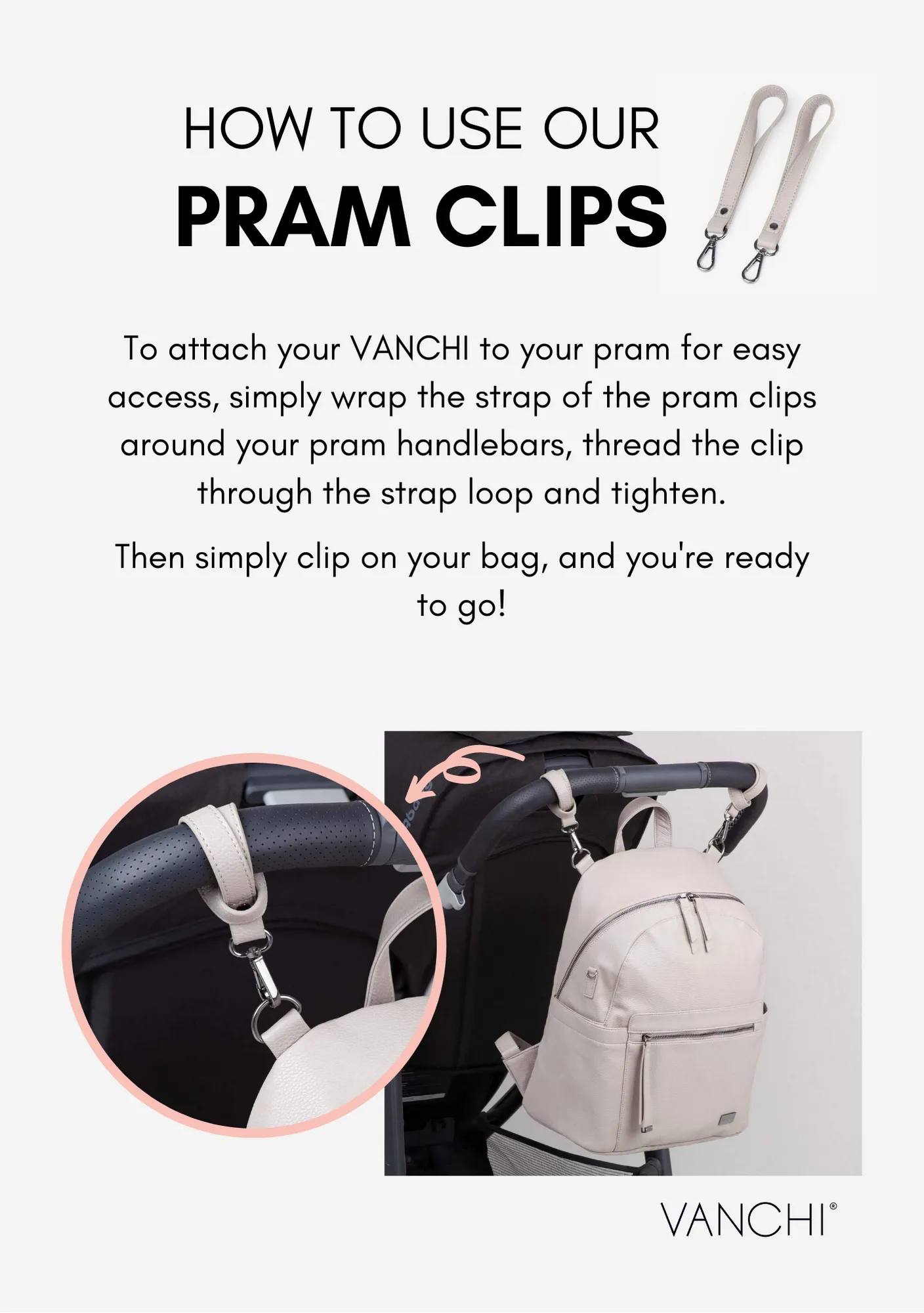 VANCHI Vegan Leather  Pram Clips - Black