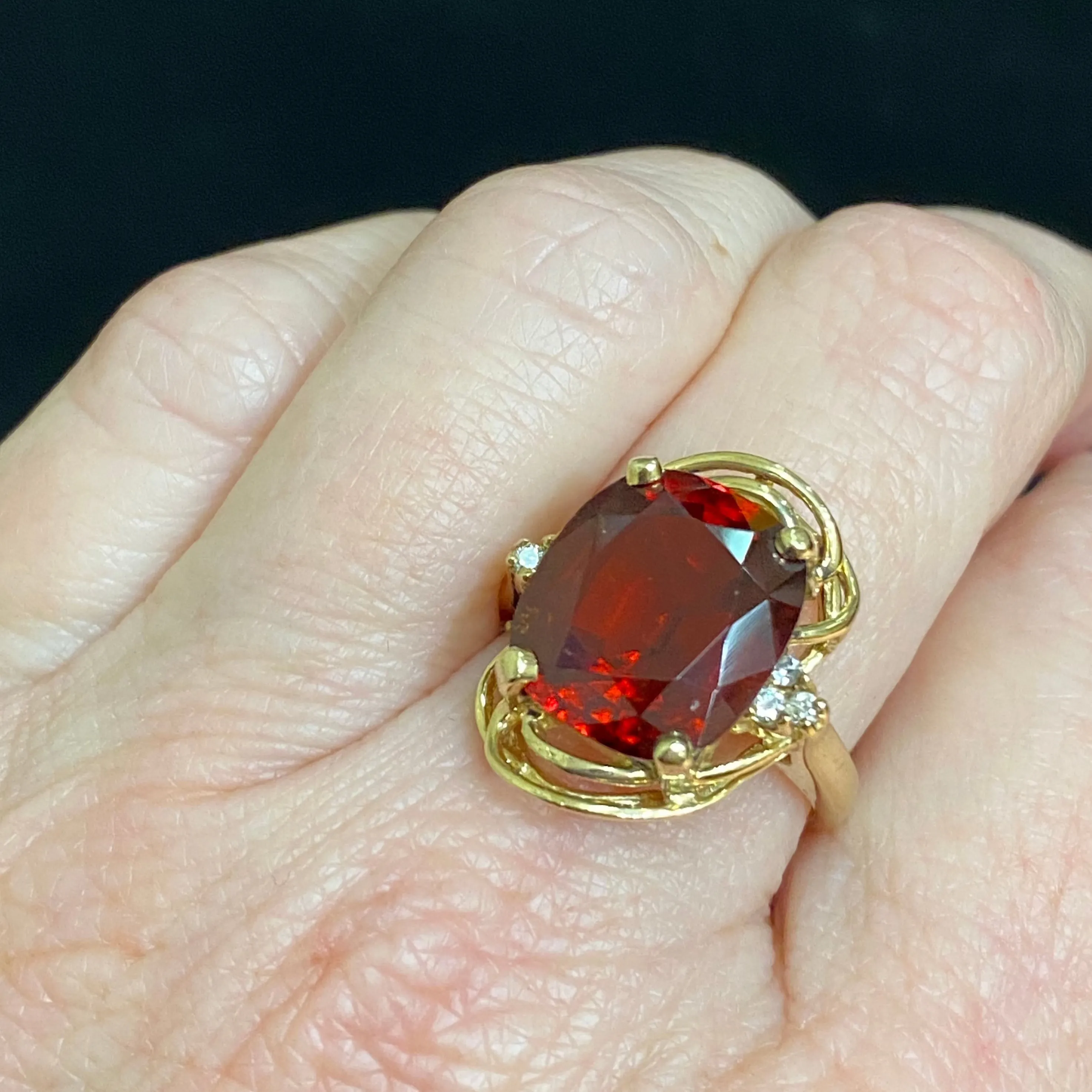 Vintage 14K Gold Hessonite Garnet  & Diamond Ring