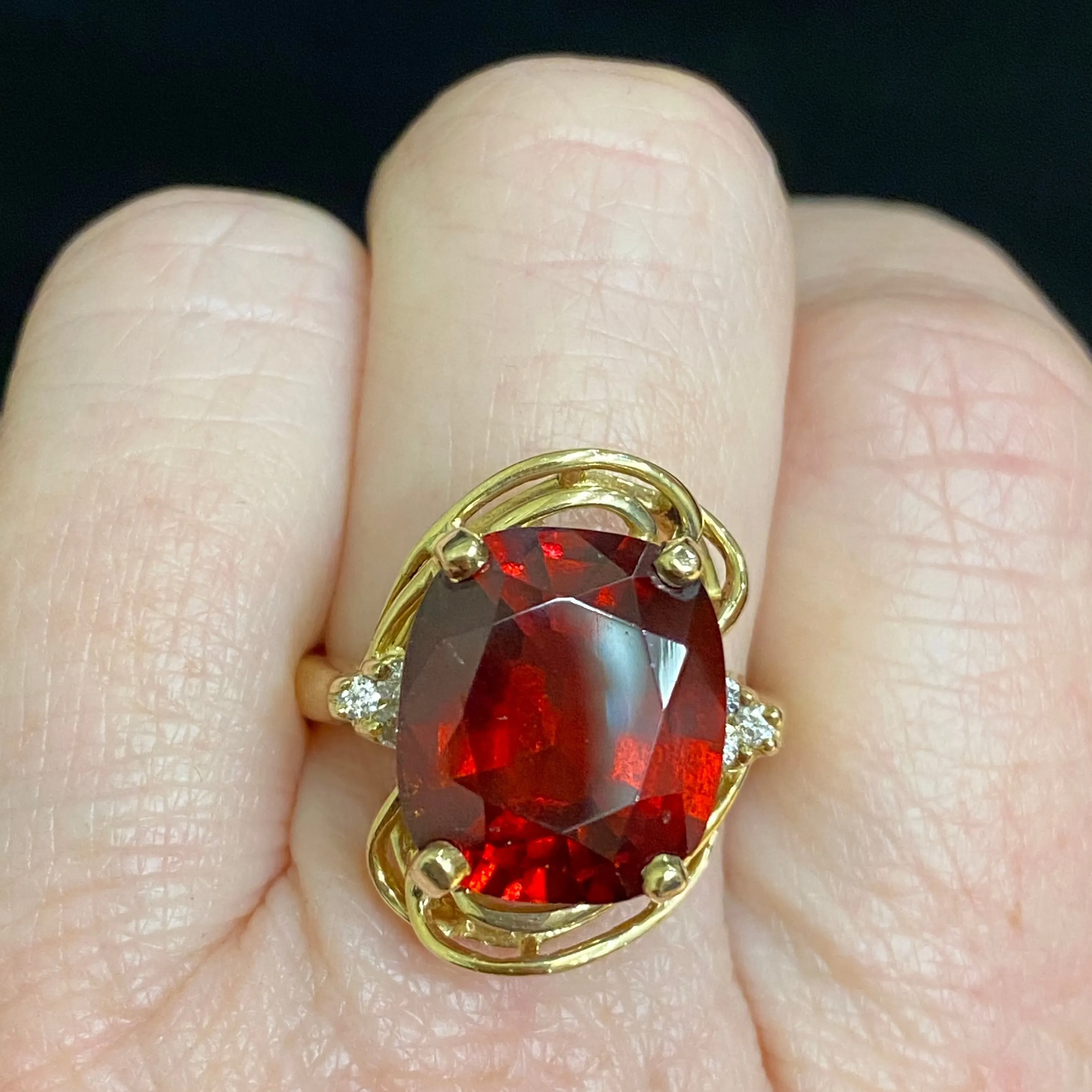 Vintage 14K Gold Hessonite Garnet  & Diamond Ring