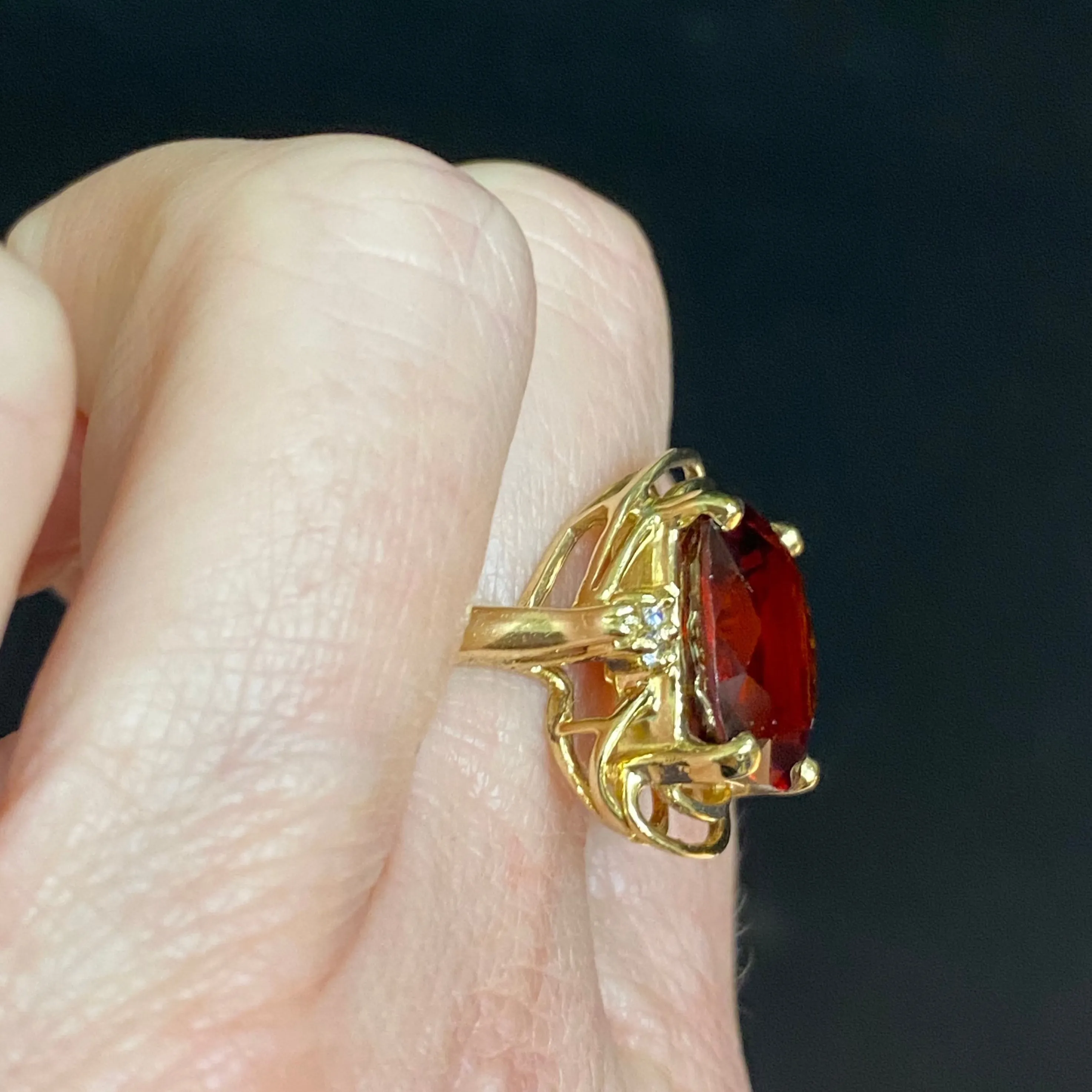 Vintage 14K Gold Hessonite Garnet  & Diamond Ring