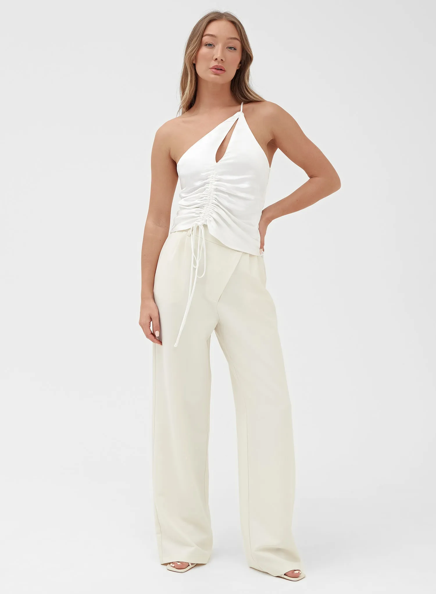 White One Shoulder Ruched Tie Top – Arlie