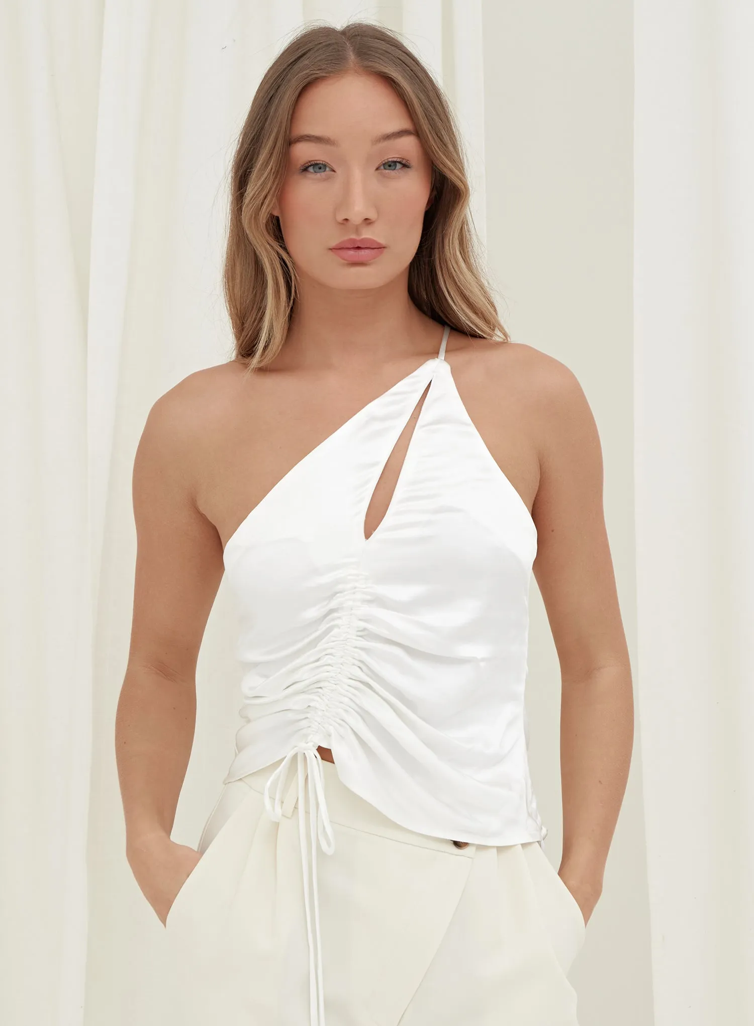 White One Shoulder Ruched Tie Top – Arlie