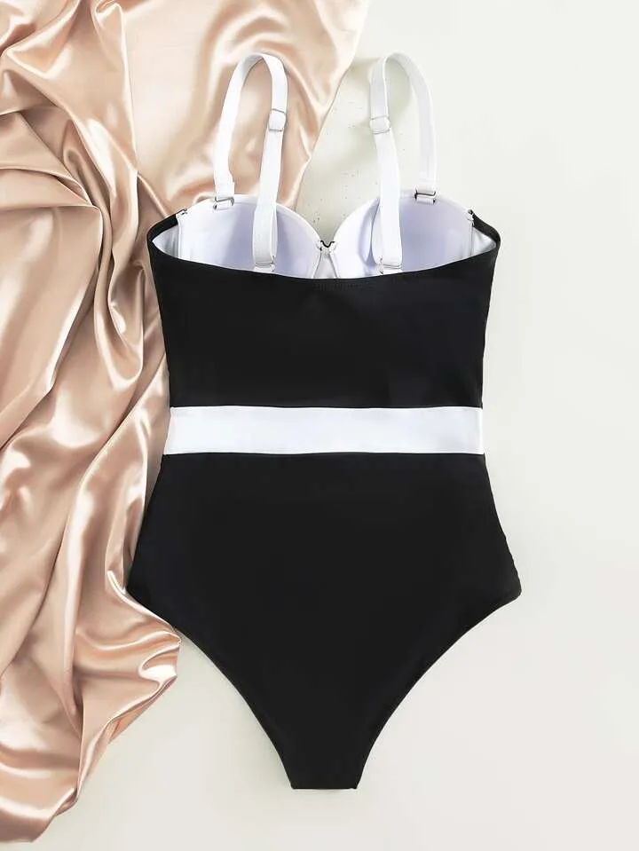 X sofia color block push up one piece swimsuit in black and white