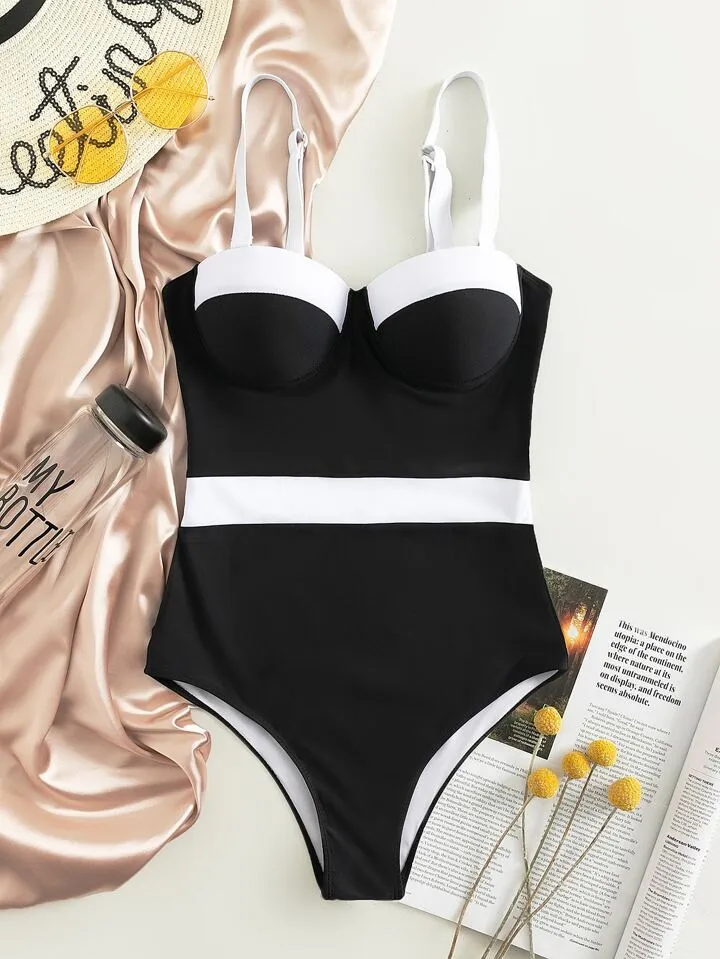 X sofia color block push up one piece swimsuit in black and white